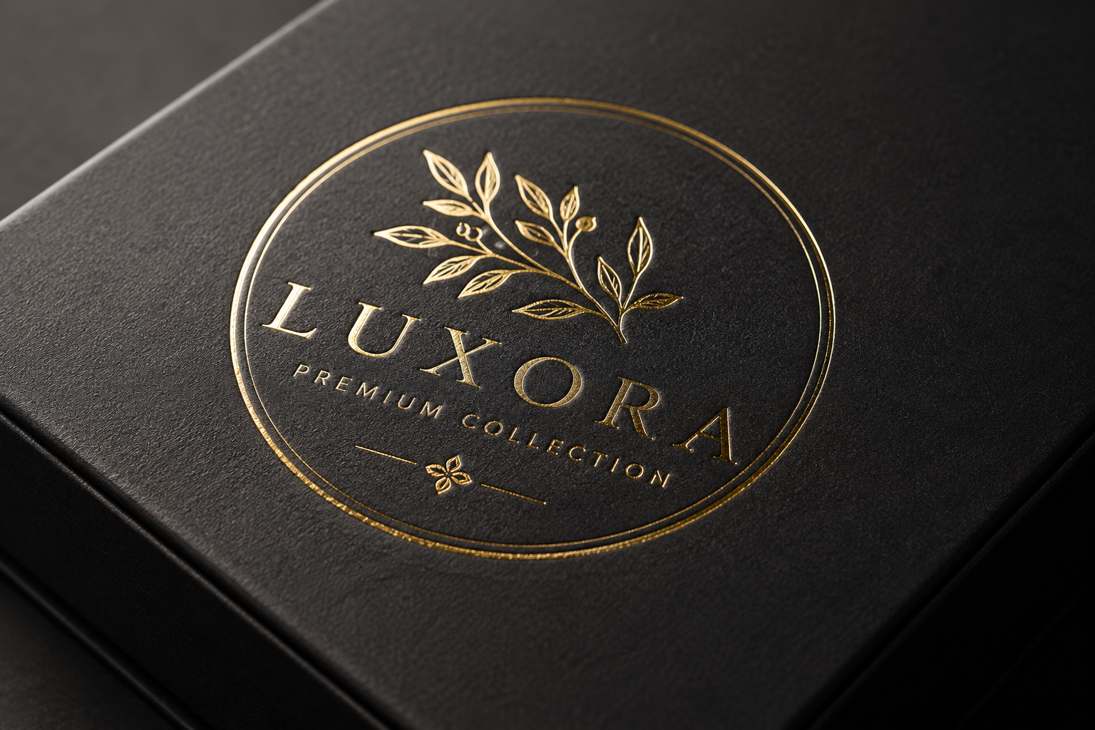 Gold foil logo on luxury rigid box macro close-up