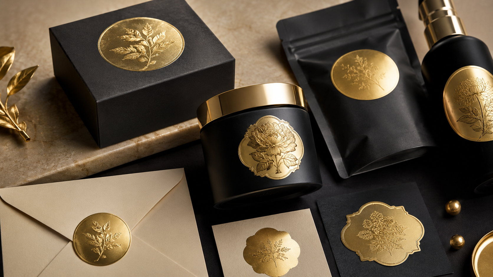 Premium gold foil stickers on luxury packaging by Graficative